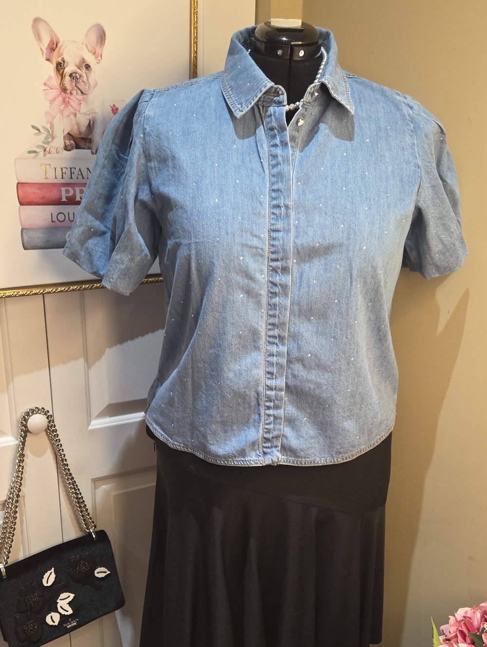 Nwt XL, L Industry  Blue Denim Puff-Sleeve Button-Front Blouse With Zirconia